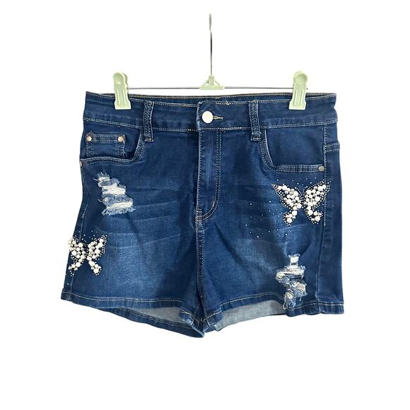 VINIZBENA Italy Faux Pearl Beaded Butterfly Embellished Denim Jean Shorts - Sz L - Picture 2 of 6